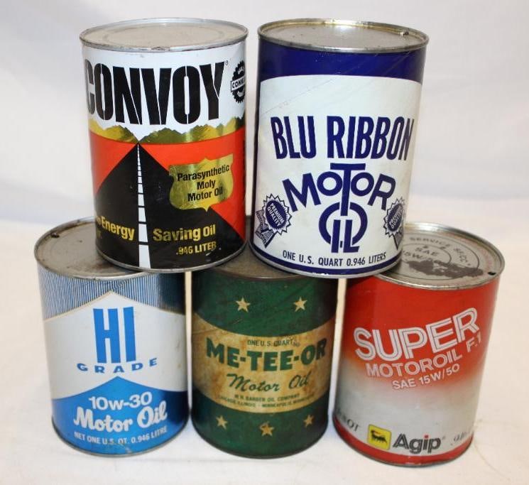 Group of 5 1 Quart Motor Oil Cans Convoy, Blu Ribbon, Hi-Grade, Me-tee-or, Agip (1 of 2)