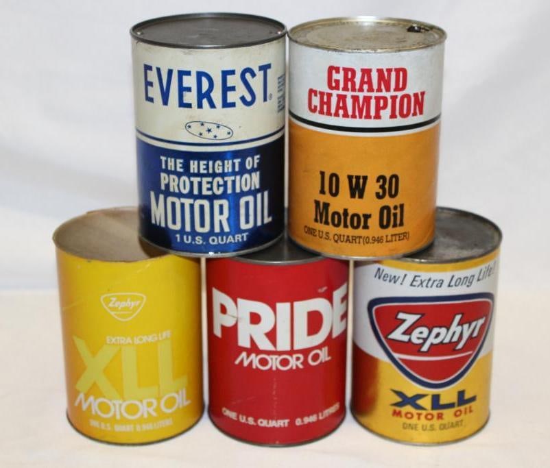 Group of 5 1 Quart Motor Oil Cans Zephyr, Everest, Grand Champion (1 of 2)