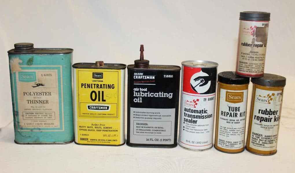 Group of 7 Sears Oil and Tire Repair Cans (1 of 2)