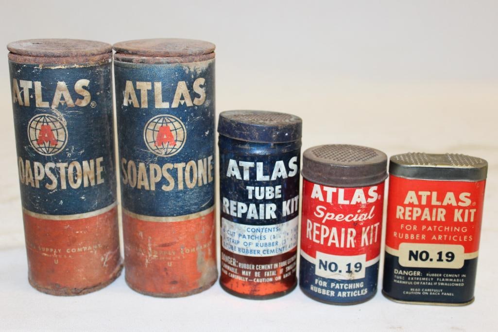 Group of 5 Atlas Tire Repair and Soapstone Cans: largest 6" x 2.25"