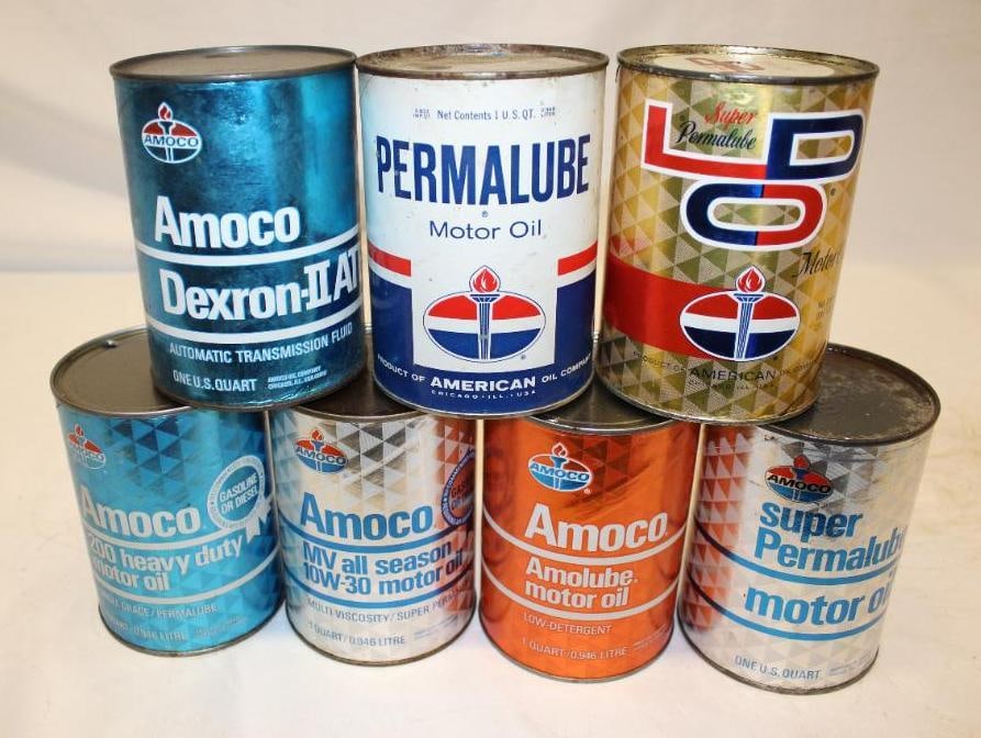 Group of 7 Amoco American 1 Quart Motor Oil and ATF Cans (1 of 2)