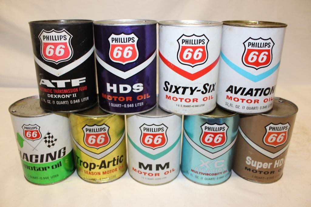 Group of 9 Phillips 66 1 Quart Motor Oil and ATF Cans (1 of 2)