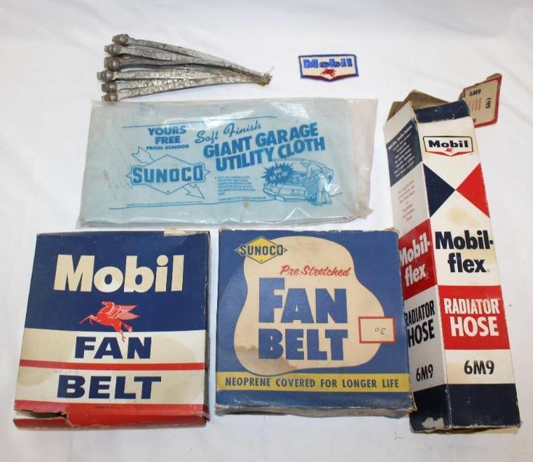 Group of Sonoco and Mobil Advertising Items: largest 14" x 2.5" x 2.75", fanbelts, radiator hoses, patches, etc