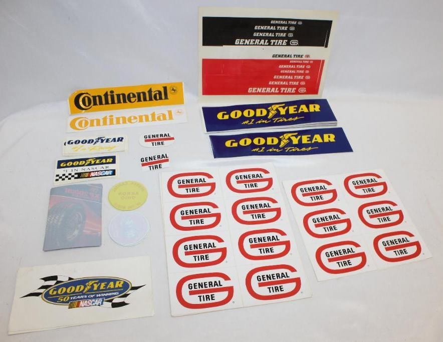 Large Group of Tire Advertising Decals and Stickers: largest 8.5" x 11"