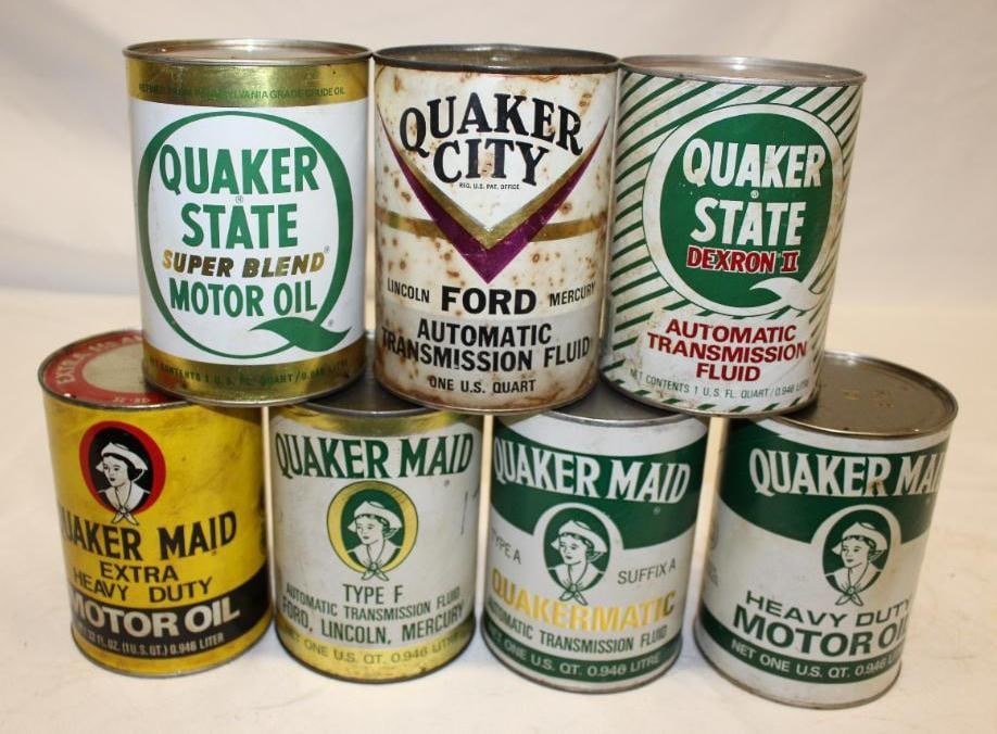 Group of 7 Quaker Made Quaker State and Quaker City 1 Quart Motor Oil and ATF Cans: all are composite and empty