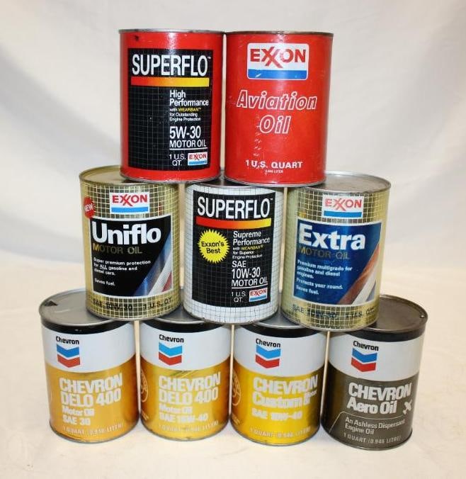 Group of 9 Chevron and Exxon 1 Quart Motor Oil Cans: all are composite and empty