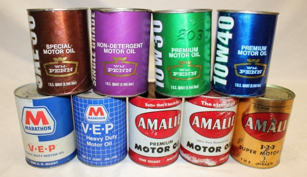 Group of 9 1 Quart Motor Oil Cans William Penn, Amalie, Marathon (1 of 2)
