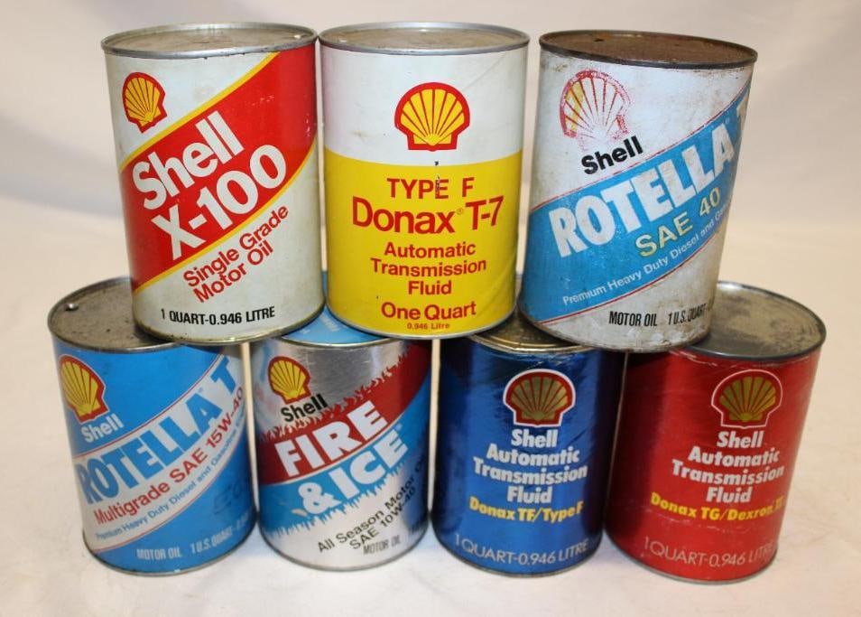 Group of 7 Shell 1 Quart Motor Oil and ATF Cans (1 of 2)