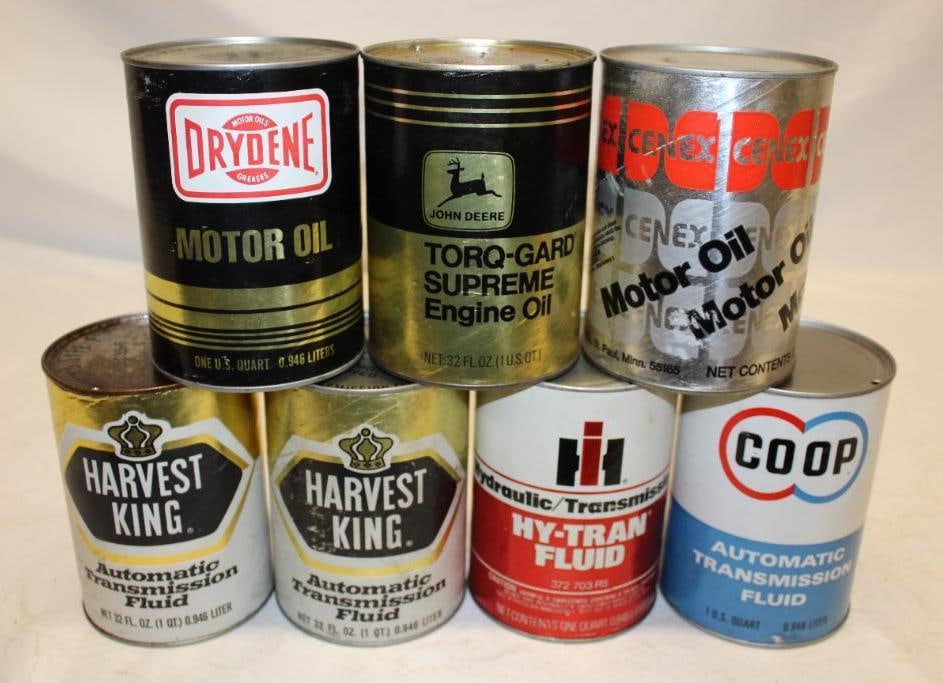 Group of 7 1 Quart Motor Oil and ATF Cans Drydene, Harvest King, John Deere, I.H (1 of 2)