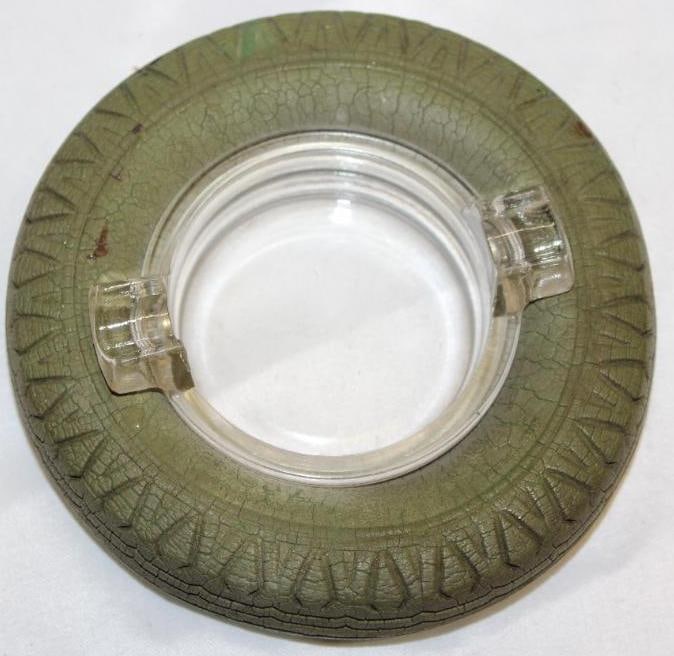 Firestone Gum Dipped Green Advertising Tire Ashtray: 6" Diameter; clear glass center with cigar rests; green tire