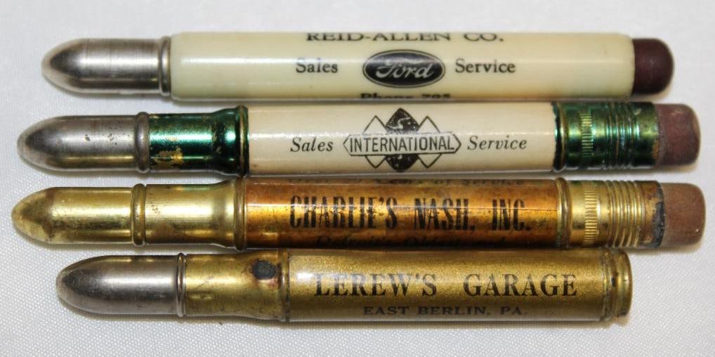 Group of 4 Advertising Car Company Bullet Pencils: International, Ford, Nash, Lincoln, 4" x .5"