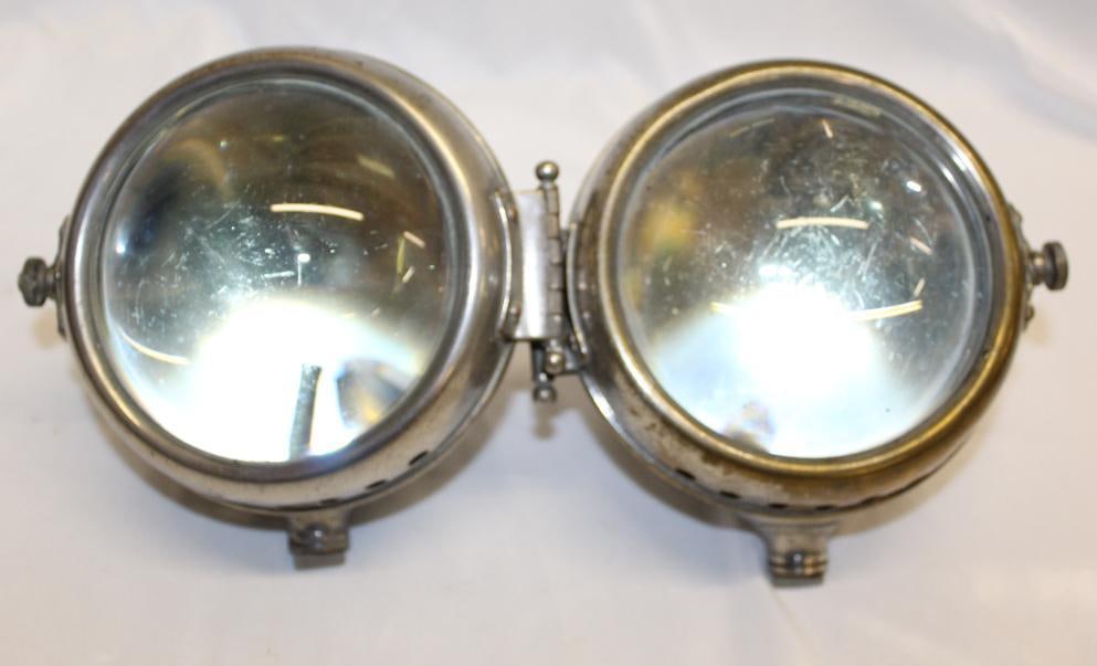 Pair of Brass Alerio Magnifier Cowl Lights: 5.5" x 6" x 5.5", both with heavy magnifier lenses