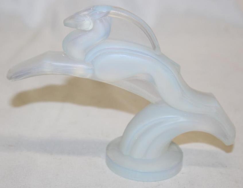 1930's Gazelle Opalescent Glass Radiator Mascot Hood Ornament by Sabino: Raised Letters "Sabino Paris"; 4.25" x 2" x 5.5"