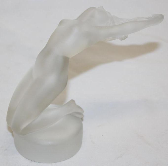 Frosted Glass Lalique Chrysis Radiator Mascot Hood Ornament: Etched "Lalique (R) France" on the bottom; 5" x 6" x 3" Excellent Condition