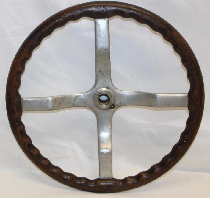 1910's-1920's Wood Rim Automobile Steering Wheel: 18" Diameter: 4-Spoke Aluminum Spider