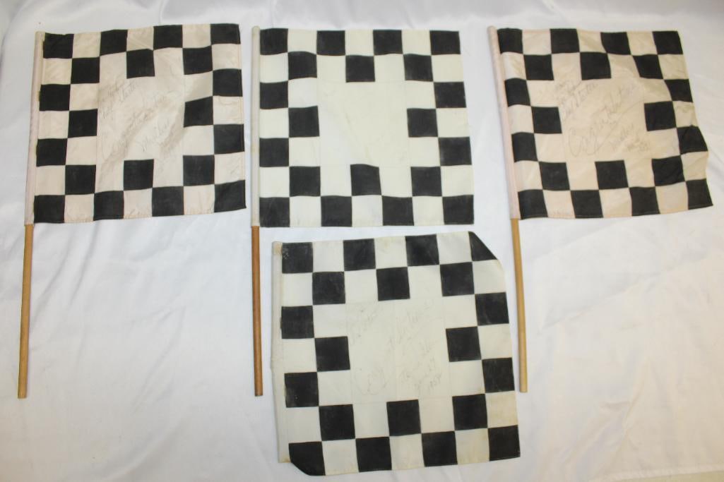 Group of 4 Marlboro and Watkins Glen Speedway Autographed Checkered Flags: 11" x 18" each, they are all autographed by Tex Hopkins, chief starter, 1957, 1958 Watkins Glen has a broken stick, two from 1959