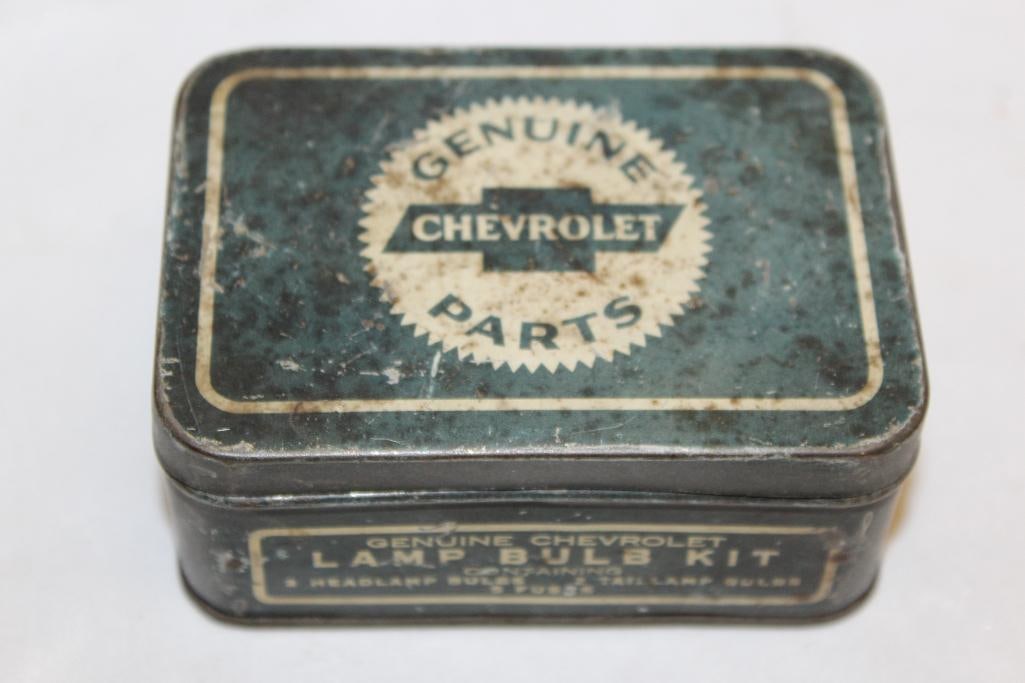 Genuine Chevrolet Parts Advertising Lightbulb Tin Box: 2.5" x 3.5" x 1.5", with some contents
