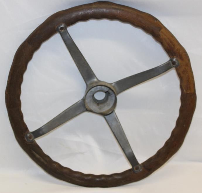 1910's-1920's Wood Rim Automobile Steering Wheel: 17" Diameter: 4-Spoke Aluminum Spider
