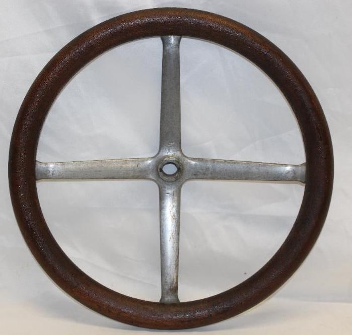 1910's-1920's Wood Rim Automobile Steering Wheel: 17" Diameter: 4-Spoke Aluminum Spider