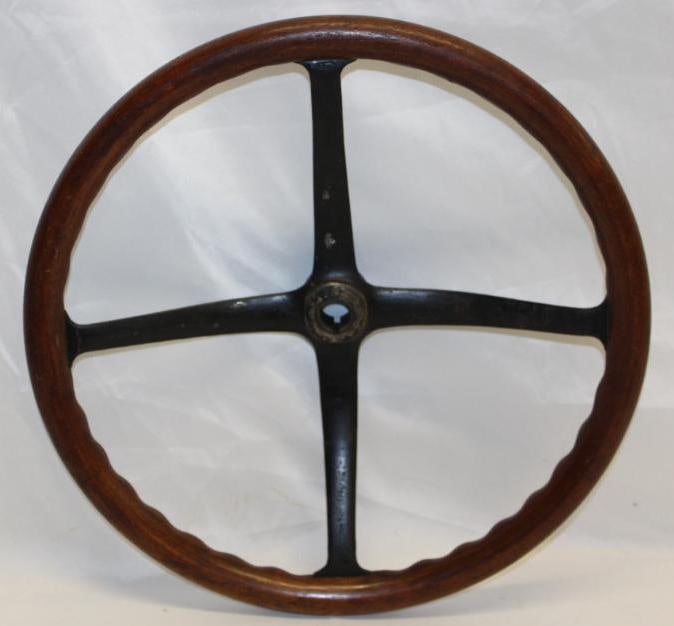 1910's-1920's Wood Rim Automobile Steering Wheel: 17.5" Diameter: 4-Spoke Steel Spider