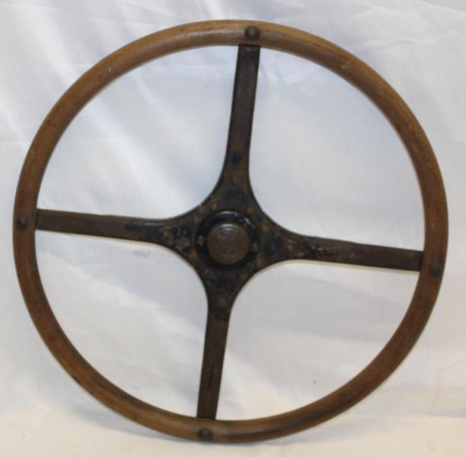 1910's-1920's Wood Rim Commercial Truck Steering Wheel: 20" Diameter: 4-Spoke Steel Spider with horn button