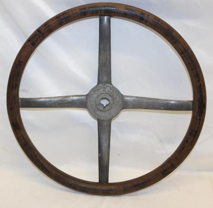 1920's Buick Wood Rim Automobile Steering Wheel: 17" Diameter: 4-Spoke Aluminum Spider