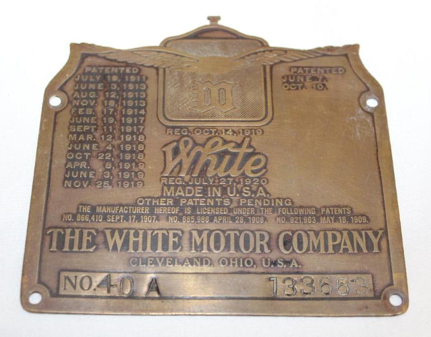 1919-1920 White Motor Car Co Brass Serial Number Data Tag (1 of 2)