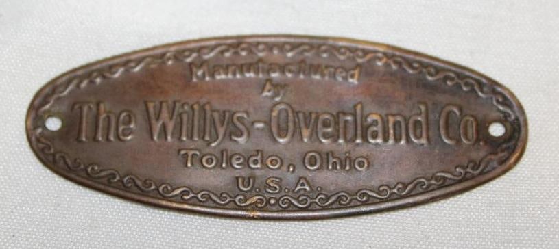 Willys Overland Brass Body Tag Emblem Badge: 2.25" x .875"