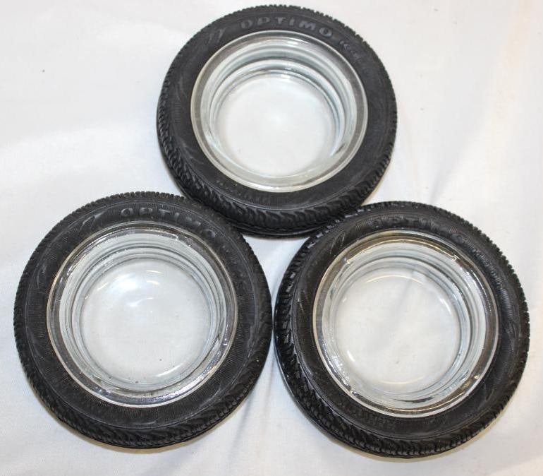 Group of Three Hankook Advertising Tire Ashtrays: 5" Diameter each; clear glass center