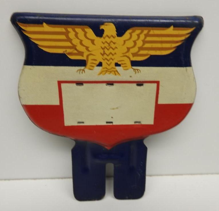Patriotic License Plate Topper: Metal topper with minor wear, has space for personalized letters to attach, size 5.25"x4.75"