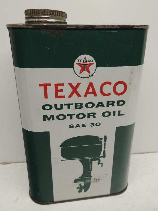 Texaco Outboard Motor Oil Quart Can: Empty flat quart can with minor wear