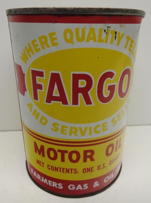 Fargo Motor Oil Quart Can (White): Empty metal quart can with minor wear