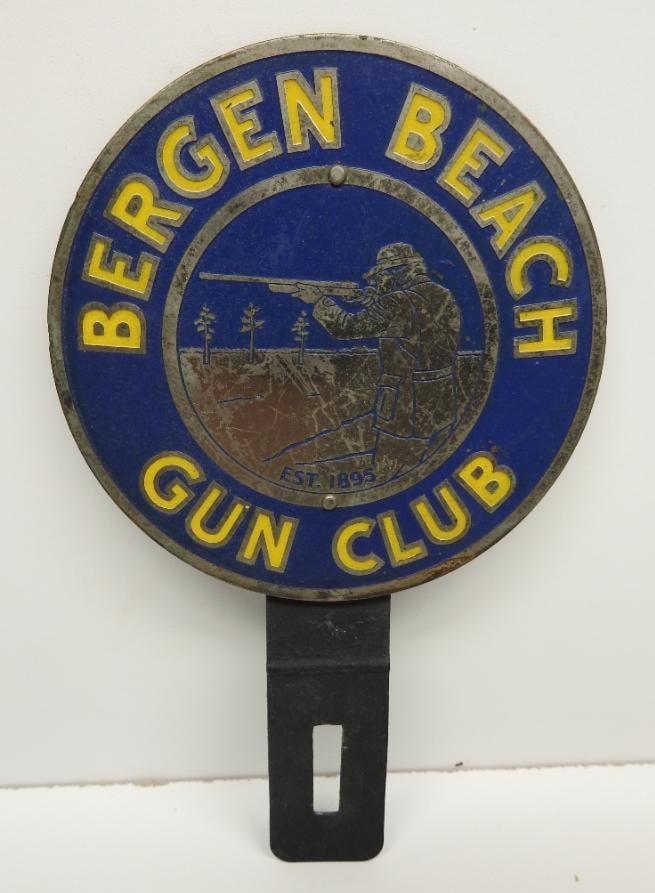 Bergen Beach Gun Club License Plate Topper Sign: Metal topper with minor wear, size 6.5"x4"