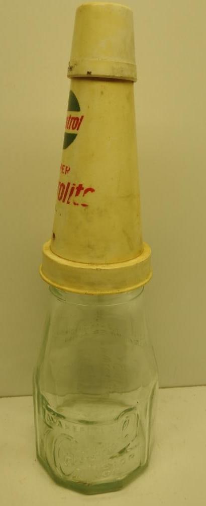 Castrol Motor Oil Imperial Pint Bottle: Embossed glass bottle with plastic spout