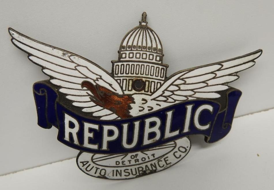 Republic Auto Insurance License Plate Topper Sign (Blue Banner): Cloisonne emblem sign with minor wear, size 3.5"x5"
