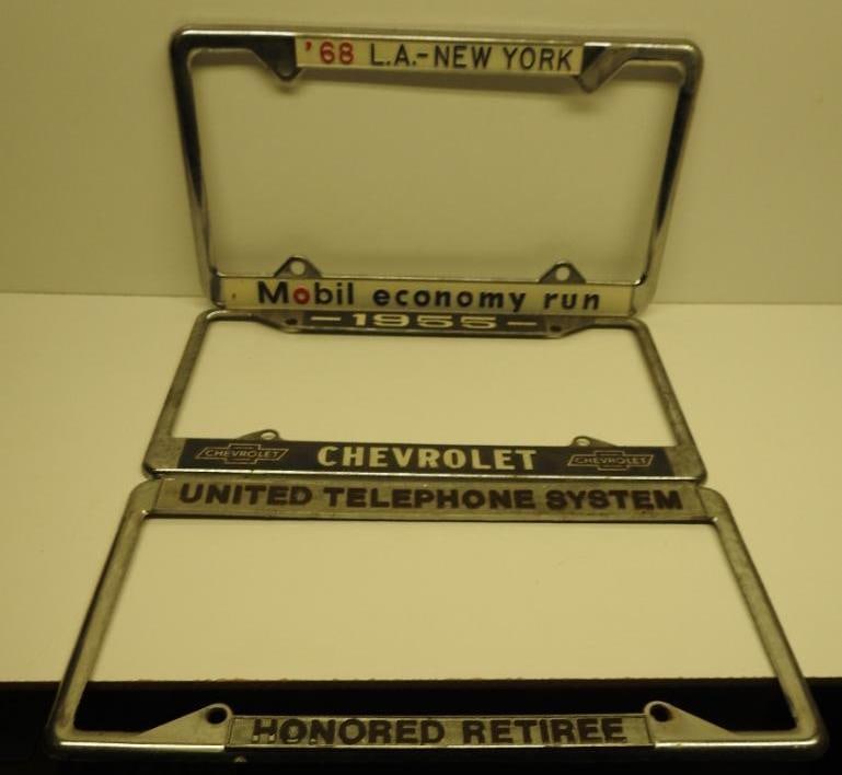 Group of License Plate Frames: Includes Mobil, Chevrolet, and Telephone, size of each approximately 6.5"x12"