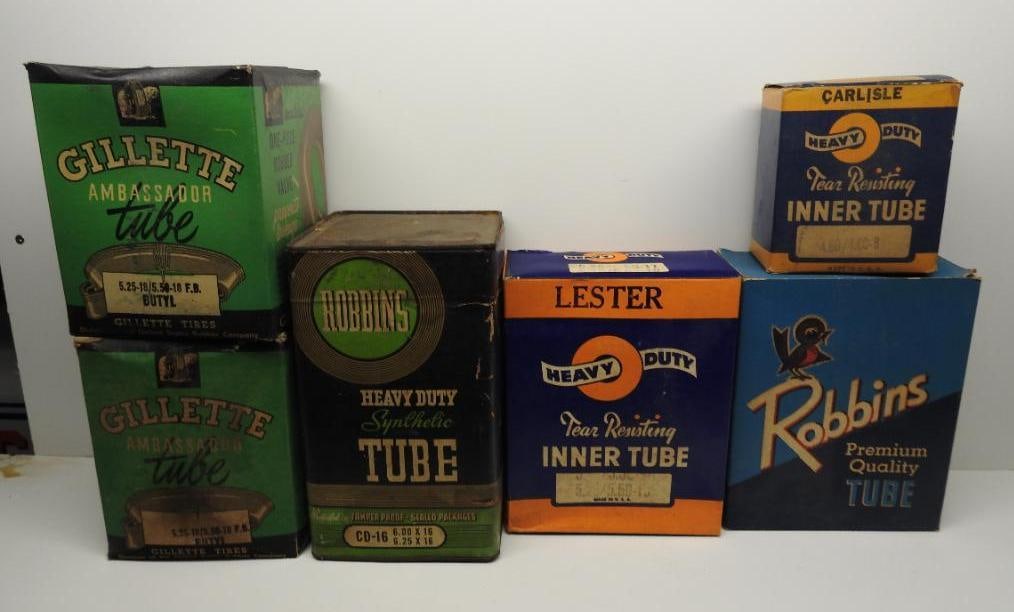 Gillette, Robbins, and Others Tire Inner Tube Boxes: Various sizes and conditions, each with contents