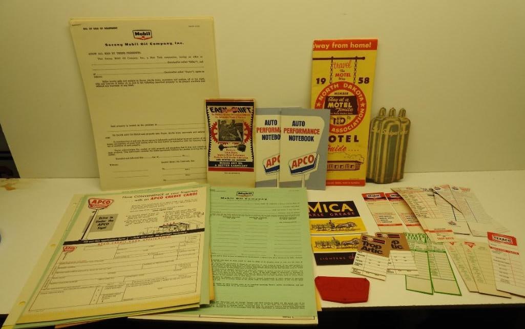 Large Group of Oil Change Tags and Other Paper Products: Includes Mobil, Apco, Conoco, and others, various sizes, all in fair to good condition