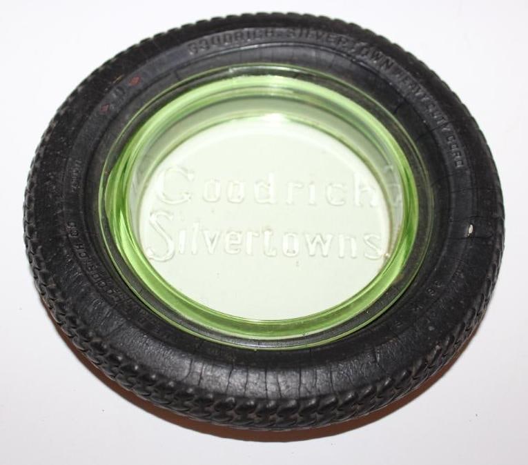 Goodrich Silvertowns Advertising Tire Ashtray w/ Green Glass: 6.5" diameter