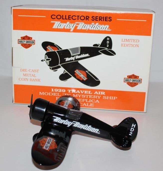 Harley Davidson Motorcycle Die Cast Airplane Bank: 12" x 8.5" x 4", with original box
