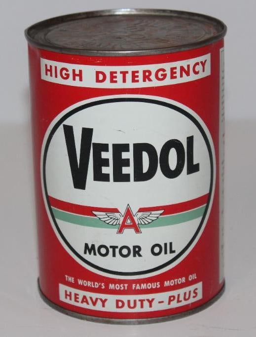 Veedol HD Plus Tidewater Flying A Metal One Quart Motor Oil Can: Drained by 2 holes in the bottom. It is in good condition with some wear on the reverse