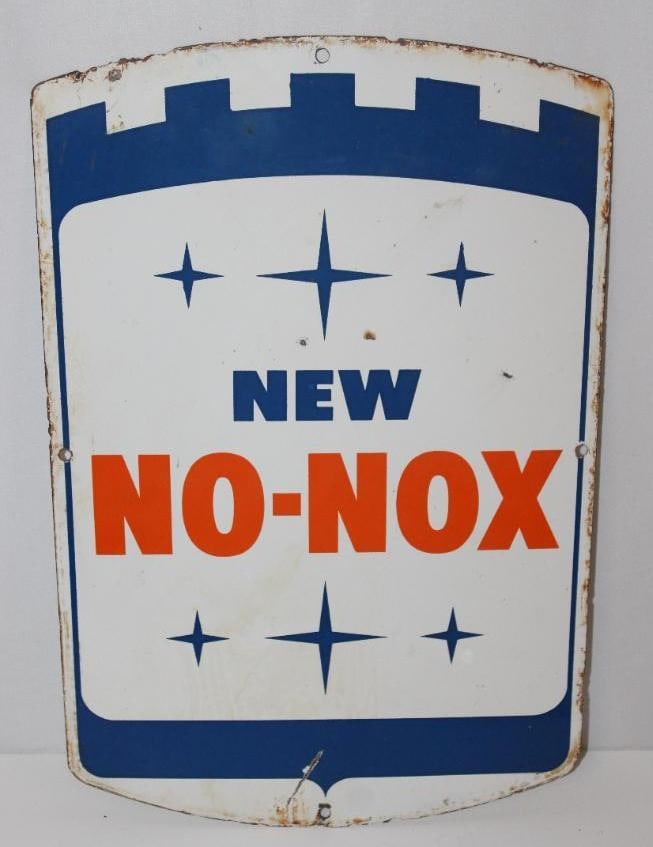 Gulf No-Nox Porcelain Gas Pump Plate Sign: Single Sided, 17.5" x 11.5", There are a few small chips in the field and some edge wear.