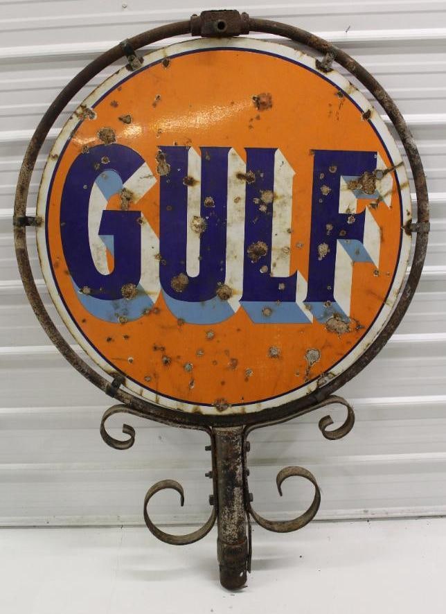Gulf Oil Porcelain Pole Sign w/ Original Ring (1 of 9)