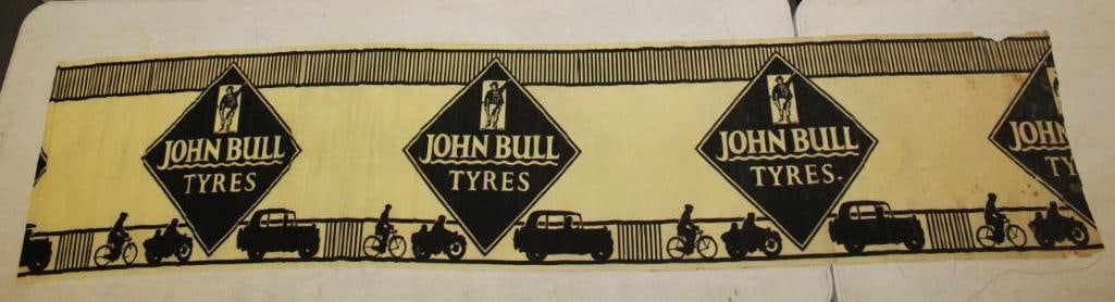 John Bull Tires Tyres Advertising Paper Banner: 84" x 20"; Some light staining; It is made of a very lightwieght paper