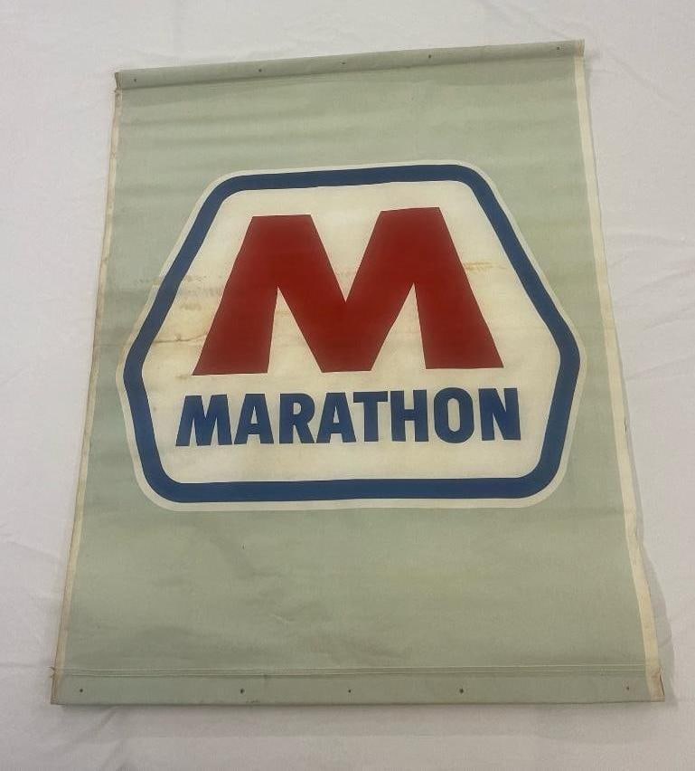 Marathon Service Station MCA Advertising Banner: 55" x 44" Some staining and fading: Marked MCA 5/68