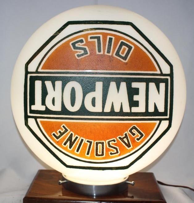 Newport Gasoline and Oils 1 Piece Etched Canopy Milk Glass Globe: globe is in very good condition with no chips or cracks, the all original paint is also in very good condition throughout, some of the lettering has slight age crackling to the paint