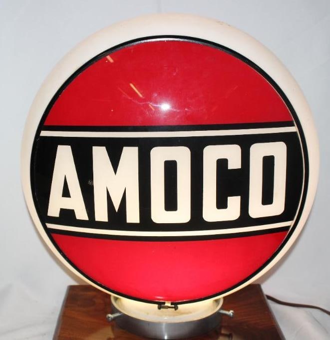 Amoco Gas Pump Globe on Gill Body: 13.5", both lenses are in good condition with only light surface scratches, there are some chips along the rim of one side where the lense meets the body, the chips are mostly hidden with the lens