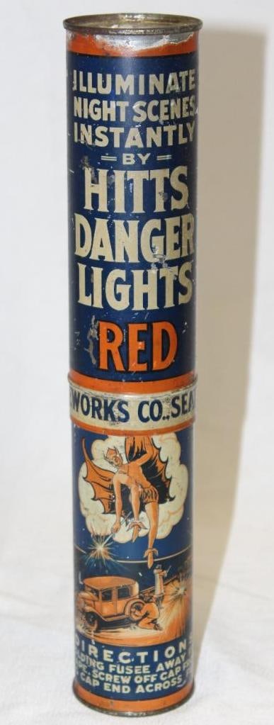 Graphic Hitts Red Auto Flare Advertising Can: 12" x 2.25", has some light wear and scratches throughout