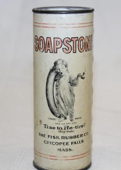 Fisk Tire Company Soapstone Can: 4.5" x 1.5", with paper label, has light discoloration