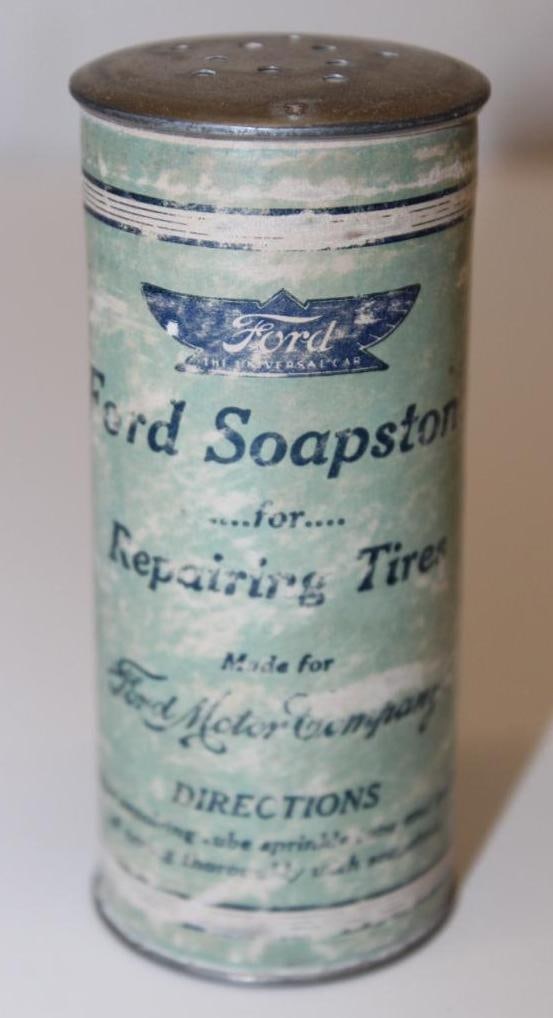 Early Ford Motor Car Co Soapstone Tire Repair Container: Paper label with wear; 4" x 1.5"